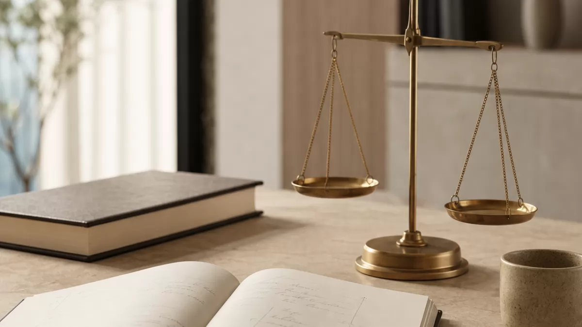Balança da justiça, caderno e caneta em um escritório contemporâneo